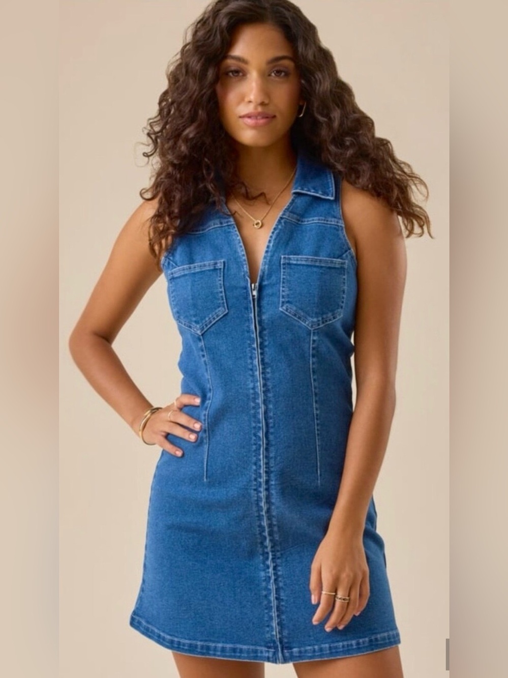NWT Altar’d State Denim Sleeveless Zip Front Mini Dress. Size Large